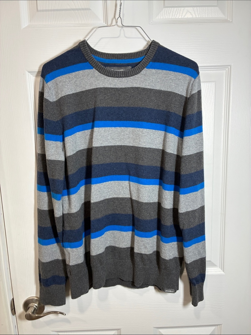 Eddie Bauer Men's Blue, Gray & Dark Gray Striped Crewneck Sweater